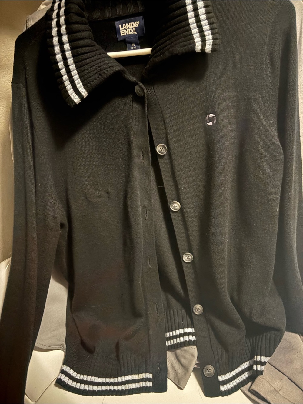 Lands' End Black Button-Front Cardigan with White Striped Trim